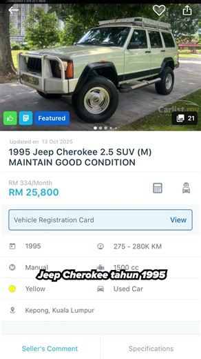 1995 Jeep Cherokee, harga RM25,800. Boleh stunt drive macam pak Arab, tapi bukan di jalan raya ok!