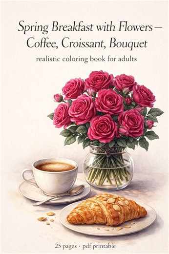25-page Realistic Coloring Book for Adults –spring Breakfast With Flowers | Botanical Printable PDF - Etsy