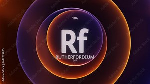 Rutherfordium as Element 104 of the Periodic Table. Concept animation on abstract blue orange gradient rings seamless loop background. Title design for science content and infographic showcase backdro