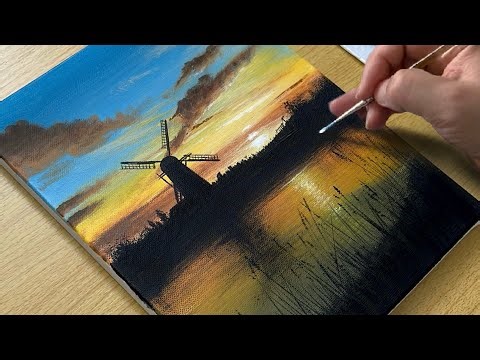 Easy Sunset Landscape Painting with a Windmill | Acrylic Tutorial