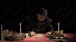 Historical paper and pen. Old historical setting. Writing using pen and paper. Medieval man. Historical Scenes.