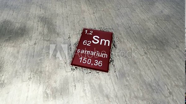 Samarium periodic table symbol on raw samarium, a rare earth element, samarium periodic table symbol on the raw material samarium, a rare earth element. Critical raw materials. Artistic rendering.