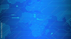 Circuit Board Communication Technology Innovation Concept On Blue Hi Tech World Map Texture Pattern Dots Idea.