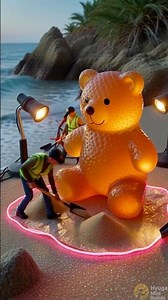 Tiny Workers Shape a Giant Glowing Gummy Bear on a Mini Beach