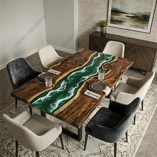 Green Epoxy Resin Ocean Wave Dining Table Rustic Wood Handmade Coastal Furniture - Etsy
