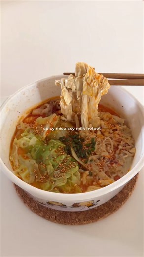 Audrey Lin on Instagram: "Spicy miso soy milk hot pot in 10 mins 😮‍💨 This just became one of my staple healthy girl meals. Miso and soy milk go really well together!💗 Btw, turn the heat down before adding the soy milk so it doesn’t curdle. #girldinner #healthyrecipes #cookwithme #comfortfood #easyrecipe"