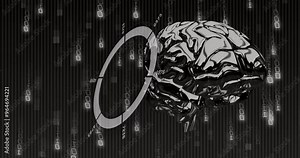 Animation of binary coding and data processing with human brain over black background