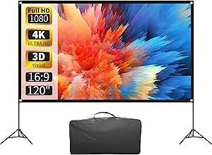 Projector Screen with Stand 120 Inch, 16:9 4K HD Portable Projector Screen Indoor Outdoor, Foldable Wrinkle-Free Movie Screen 160° Front Rear Projection Screen with Carry Bag for Home Movie