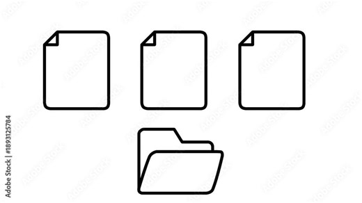 Line art animation showing document files moving into a folder, representing data storage, archiving, and organization.
