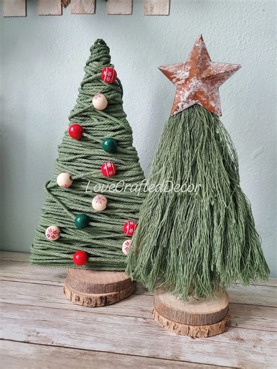 2.8M views · 18K reactions | Good Morning & Happy Tuesday Y'all  Here is a cute and simple diy Christmas tree idea using cardboard, macrame cord & beads! I've made a ton of these little trees over the last year, I'm obsessed 殺 anywho, I hope you have a beautiful day!! #rusticchristmas #christmascrafts #christmasdecor #Christmastree | Love Crafted Decor | Facebook