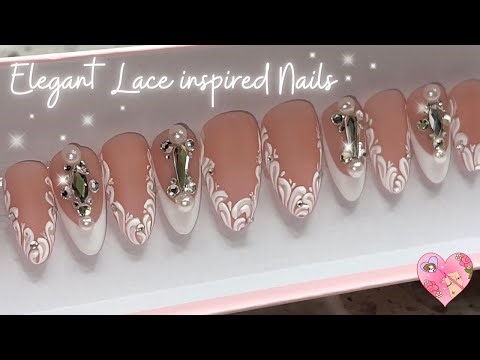 ATTEMPTING lace nails for the first time 🤍✨ | Press on nails tutorial | Glam Bridal nails