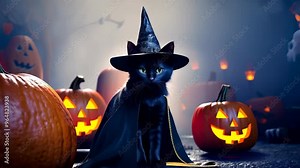 Black cat wearing witch hat with jack o lanterns, Halloween decorations spooky atmospheric scene