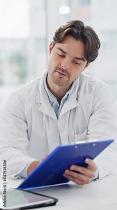 Doctor, checklist and data consultation of a man with clipboard for medical and healthcare advice. Hospital, male professional and writing insurance notes for patient symptoms and paperwork in clinic