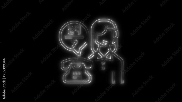 Neon Customer Support Icon - Futuristic Glowing Design of 24/7 Service Representative with Phone, Symbolizing Round-the-Clock Assistance, Reliability, and Modern High-Tech Customer Service in Digital