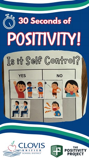 🍎 SELF-CONTROL IN 30 SECONDS Thinking before acting is very important in maintaining positive relationships. Self-control, one of 24 character strengths taught through the Positivity Project, was the recent focus on many Clovis Unified campuses. At Miramonte Elementary, students talked about self-control in many ways, from identifying self-control behaviors in cartoon images to sharing ways they execise self-control like not eating ice cream before dinner. Ask your child about their lessons in 