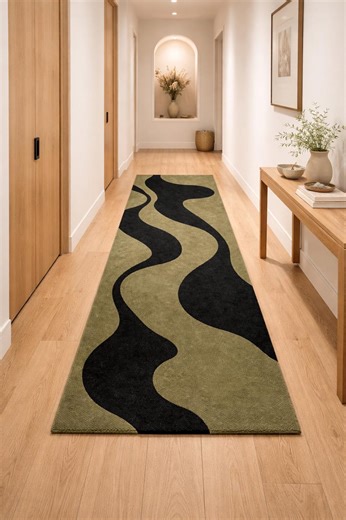 Hand-tufted Wool Runner Rug – Modern Olive Green & Black Abstract Design - Etsy