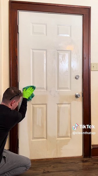 This was a very satisfying door to clean up! (Tools and products used: Dawn Professional Degreaser / Ryobi Drill Brush Scrubber / Microfiber Towels) #cleantok #pov #cleaning #satisfying #asmr #cleaningmotivation