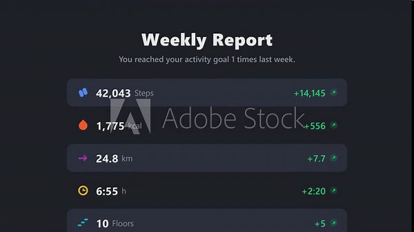 Fitness Activity Tracker App Interface showing Weekly Progress Report on Dark Dashboard UI
