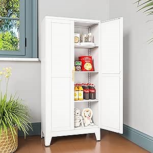 Metal Pantry Cabinet with 2 Doors and Adjustable Shelves, Kitchen Storage cabinets with Gold Handles, Versatile Storage for Laundry/Living Room,Bathroom,Dinning Room-White