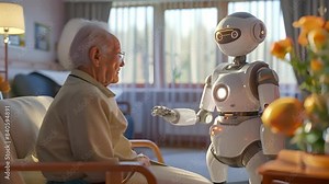 A compassionate robot assists an elderly man in a cozy living room, illustrating the role of robotics in providing care and companionship to seniors.