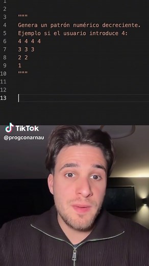 🔻 ¿Puedes generar este patrón SOLO con un for? 😏 #Python En este ejercicio trabajarás con bucles descendentes y generación de patrones numéricos. Aprenderás a controlar el flujo de un programa usando range inverso. Perfecto para mejorar tu lógica y entender mejor los bucles en Python. #Python #programación #coding #patrones #bucles #for #pythonbasico #principiantes #logica #aprendepython #informatica #datascience #educacion #tecnologia