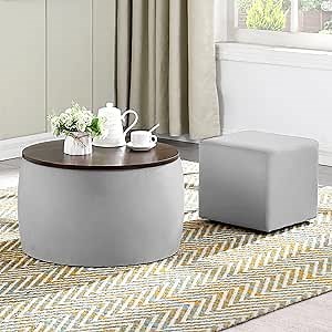 Round Storage Ottoman Set, 2 in 1 Coffee Table with Wood Cover and Square Ottoman for Living Room End Table & Footstool (Gray)