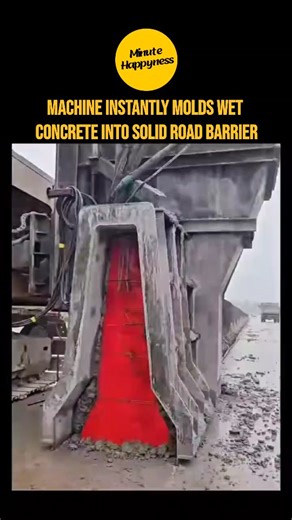 minutehappyness on Instagram: "Watch slipform paving in action—it's like 3D printing massive concrete crash barriers right on the road! This advanced machine glides forward while extruding fresh, low-slump concrete (a stiff mix with minimal water for instant shape-holding) through a precision metal mold, forming seamless, solid walls in one continuous pass. No more traditional wooden forms, pouring, curing waits, or form removal—vibrators compact the mix perfectly on-site, and before it fully se