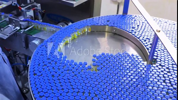 injection vials factory in glass vial moving at high speed in a healthcare pharmaceutical drug manufacturing factory. Injectable making process with latest hi tech machinery equipment