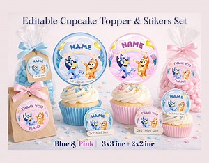 Editable Cupcake Topper & Thank You Sticker Set | Personalized Name | Blue and Pink Dog Theme | 3x3 2x2 Inch | Canva Editable Party Decor - Etsy Canada