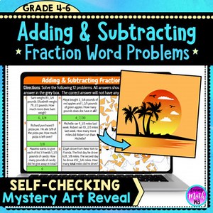 Adding and Subtracting Fraction Word Problems Mystery Picture Art Reveal