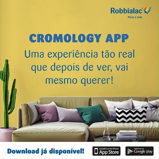 Quer pintar a sua sala mas não sabe que cor escolher? Com a Cromology APP vai poder fazer simulações em tempo real nas suas paredes. Usufrua de uma experiência de realidade aumentada tão incrível que, depois de ver, vai mesmo querer! Faça o download e experimente! | Robbialac