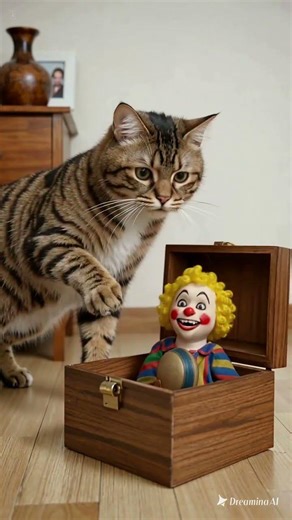 The cat was shocked when it opened the Jack-in-the-box.