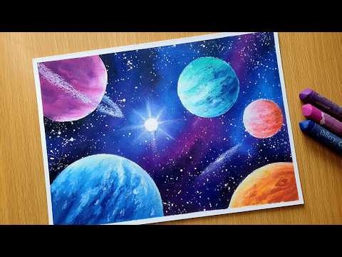 SOLAR SYSTEM / Oil Pastel Drawing of Planets / Galaxy with Stars / Step by Step Tutorial