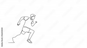 Animated self drawing of single continuous line draw young sporty man runner focus to run fast at track. Health activity sport concept. Running international tournament. Full length one line animation