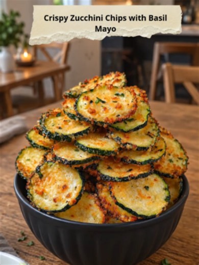 Crispy Zucchini Chips with Basil Mayo 🥒🌿 These crispy zucchini chips are golden and crunchy on the outside, tender inside, and even better dipped in fresh, creamy basil mayo. 😍 get the full instructions   ingredients on my page (under my profile picture ) ⬆️