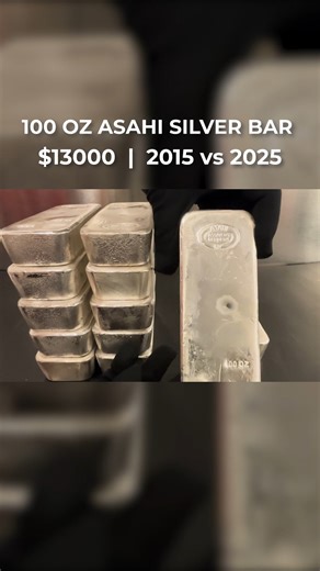 Bullion Exchanges on Instagram: "$15,000 in silver — then vs. now. ⏳🥈 In 2015, $15K could stack multiple 100 oz Asahi Silver Bars. Fast forward to 2025, and that same amount buys far less silver than it once did. This powerful comparison highlights how silver has evolved as a store of value over time — and why physical bullion continues to matter in a changing financial world. Silver doesn’t disappear. The dollar’s purchasing power does #BullionExchanges #SilverVsTime #AsahiSilver #100ozSilver