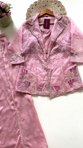 Dithya Label on Instagram: "K324 - Handwork organza blazer set with inner and palazzo 😍🩷 Product code- K324 Please comment “PRICE” on the post to know the prices and to get the direct website link on your DM 🔗"