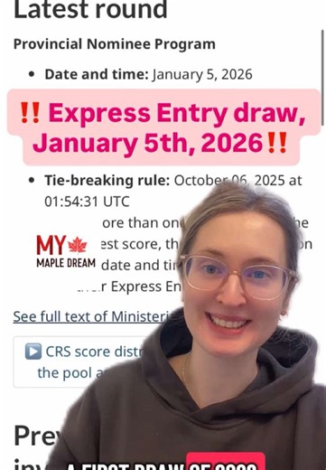 🇨🇦 New Express Entry draw (January 05, 2026) for PNP, the first of the year! 🏔️ ✨ Canada just invited 574 candidates under the Provincial Nominee Program (PNP). 🗓️ Date: Jan 05, 2026 📊 CRS cut-off: 711 🎯 Category: Provincial Nominee Program ℹ️ Note: I share only general information and personal experience. I am not a licensed immigration consultant or lawyer. For advice on your specific situation, please consult a licensed RCIC or immigration lawyer. . . . #expressentrydraw #irccupdate #im