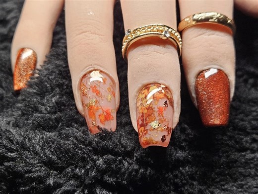 Handpainted Autumn Leaf Press-on Nails: Copper Cateye, Glitter Coffin Nails Pictured - Etsy