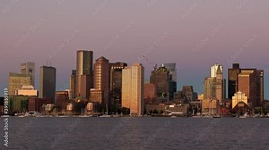 Boston city skyline time lapse sunrise with historical architectures in Massachusetts USA