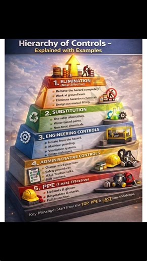 Hierarchy of Controls – A Systematic Approach to Risk Reduction The Hierarchy of Controls is a fundamental principle in Occupational Health & Safety risk management. It emphasizes controlling hazards at the source rather than relying solely on worker behavior. According to best industry practices and international standards (ISO 45001 / WSH frameworks), risk control measures must follow this order of effectiveness: 🔴 1. Elimination – Physically remove the hazard from the workplace. Example: Des