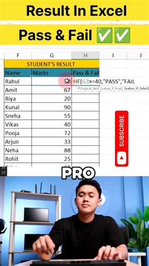 pass & fail Formula use in Excel | result auto fill | #excel #ifformula #passfail
