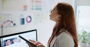 Office, thinking and woman with tablet, charts and brainstorming to build portfolio, website info and startup. Person, agency and employee with tech, digital app and solution with graphics or network