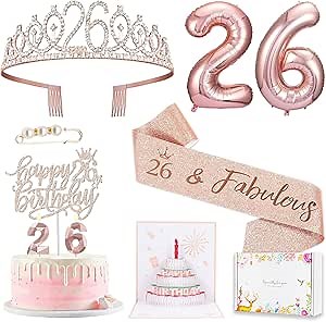 Awfrky 26th Birthday Decorations for Her Women, Including 26 year old Birthday Cake Topper, Queen Sash with Pearl Pin, Sweet Rhinestone Tiara Crown, Number Candles and Balloons Set, Rose Gold