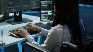 Person with paraplegia working in inclusive server hub workspace, typing on PC. Woman in wheelchair doing tasks in data center housing advanced data storage infrastructure, camera A