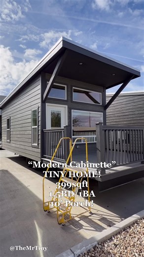 The “Modern Cabinette” 🪵🤍 Luxury glamping vibes in a tiny home that has modern design, cozy comfort, and is most certainly weekend-ready 🏕️✨ 399sqft RV Park Model 1.5BD/1BA 10’ Porch! Price coming soon! #TinyHome #Glamping #TinyHomeLiving #MrTiny P134793X