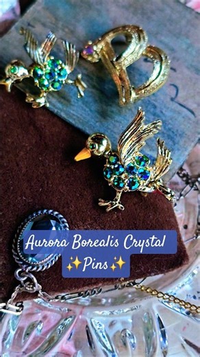 Vintage Swarovski Aurora Borealis Crystal Pins Coro Bermuda Blue Peacock Birds #jewels #crystals