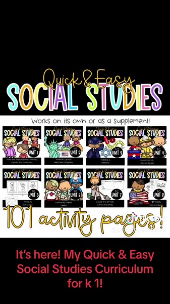 🎉 Finally it is live! My summer project! ✨ Quick&Easy Social Studies for K/1! My goal was to create a resource that can be used on its own if you don’t have a lot of time per day or week for social studies…or used as a supplement if you do have ample time for social studies. Either way, 101 activity pages! The bundle is currently priced at $4.50 until 7/22. How much time per week do you have for social studies? Let me know below! teaching, teacher life, teachers, teaching resources, kindergarte