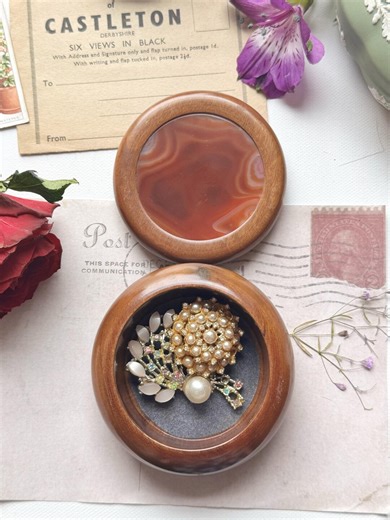 Vintage Brazilian Agate Trinket Box Wooden Lidded Pot Natural Stone Jewellery Box Small Round Keepsake Box 1980s Decor - Etsy