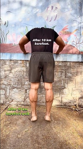 Standing calf raises. Outdoors. Barefoot.